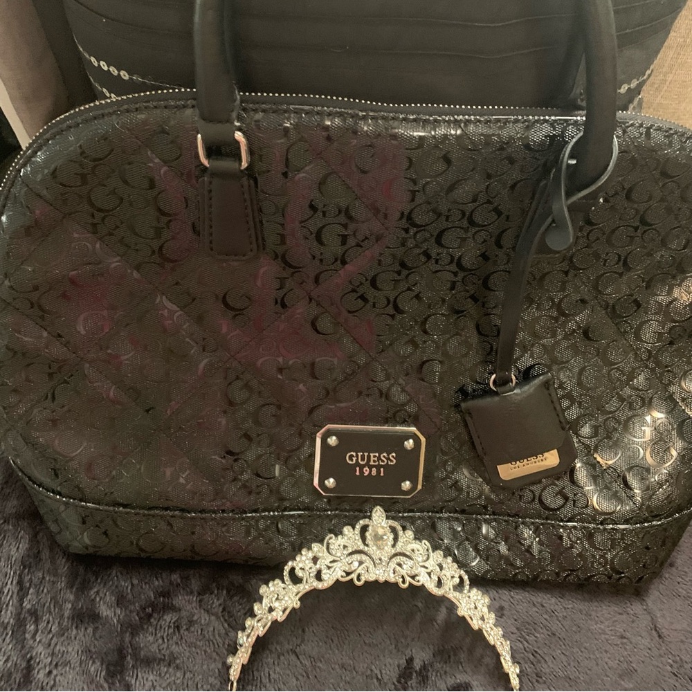 Guess: Black Metallic, Satchel Handbag